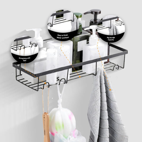 MIORAH Bathroom Organiser Without Drill for Wall | Self Adhesive Bathroom Accessories Set | Bathroom Shelf with Hooks | Strong Quality Metal Bathroom Rack (Black-Pack of 2) - Image 3