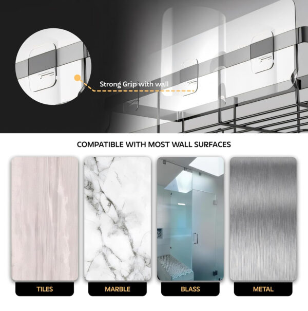 MIORAH Bathroom Organiser Without Drill for Wall | Self Adhesive Bathroom Accessories Set | Bathroom Shelf with Hooks | Strong Quality Metal Bathroom Rack (Black-Pack of 2) - Image 5