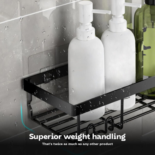 MIORAH Bathroom Organiser Without Drill for Wall | Self Adhesive Bathroom Accessories Set | Bathroom Shelf with Hooks | Strong Quality Metal Bathroom Rack (Black-Pack of 2) - Image 6