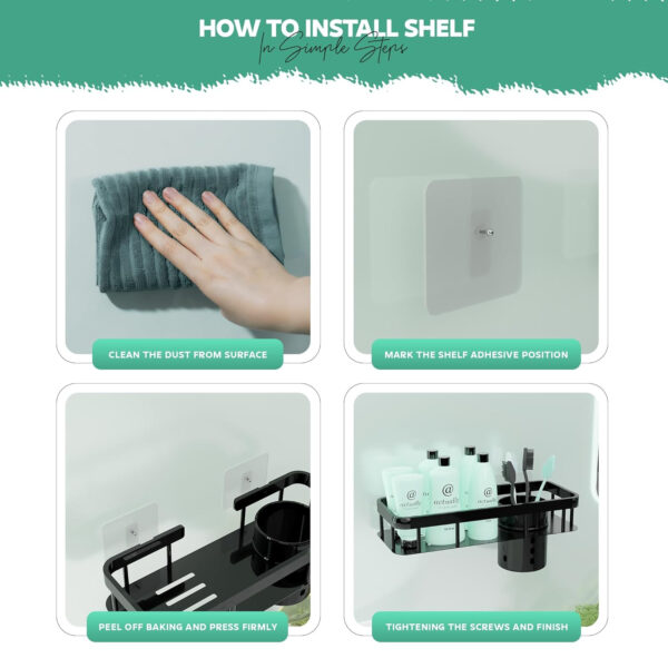 MIORAH Bathroom Organiser Without Drill for Wall | Self Adhesive Bathroom Accessories Set | Bathroom Shelf with Hooks | Strong Quality Metal Bathroom Rack (Black-Pack of 2) - Image 15