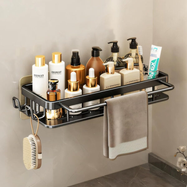 MIORAH Bathroom Organiser Without Drill for Wall | Self Adhesive Bathroom Accessories Set | Bathroom Shelf with Hooks | Strong Quality Metal Bathroom Rack (Black-Pack of 2) - Image 16