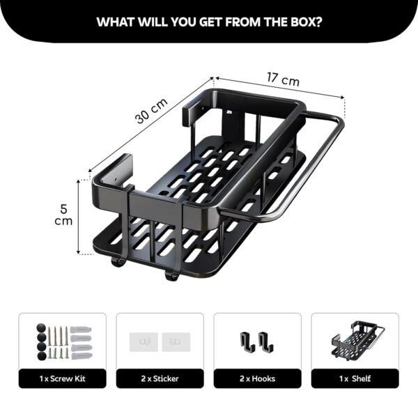 MIORAH Bathroom Organiser Without Drill for Wall | Self Adhesive Bathroom Accessories Set | Bathroom Shelf with Hooks | Strong Quality Metal Bathroom Rack (Black-Pack of 2) - Image 17