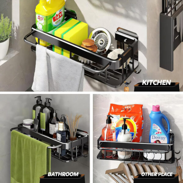 MIORAH Bathroom Organiser Without Drill for Wall | Self Adhesive Bathroom Accessories Set | Bathroom Shelf with Hooks | Strong Quality Metal Bathroom Rack (Black-Pack of 2) - Image 19