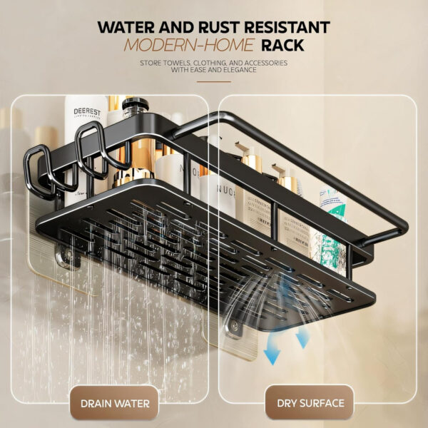 MIORAH Bathroom Organiser Without Drill for Wall | Self Adhesive Bathroom Accessories Set | Bathroom Shelf with Hooks | Strong Quality Metal Bathroom Rack (Black-Pack of 2) - Image 20