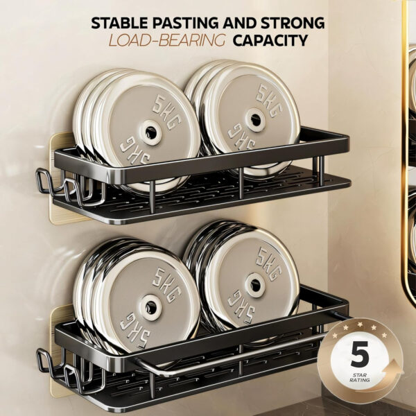 MIORAH Bathroom Organiser Without Drill for Wall | Self Adhesive Bathroom Accessories Set | Bathroom Shelf with Hooks | Strong Quality Metal Bathroom Rack (Black-Pack of 2) - Image 21