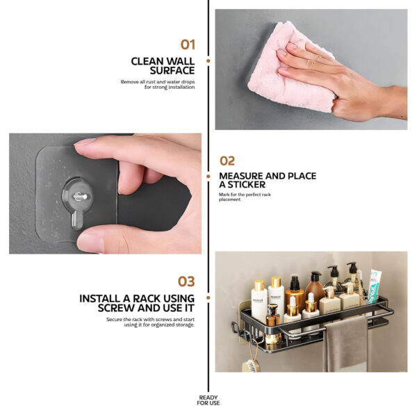 MIORAH Bathroom Organiser Without Drill for Wall | Self Adhesive Bathroom Accessories Set | Bathroom Shelf with Hooks | Strong Quality Metal Bathroom Rack (Black-Pack of 2) - Image 22