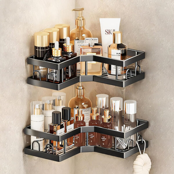 MIORAH Bathroom Organiser Without Drill for Wall | Self Adhesive Bathroom Accessories Set | Bathroom Shelf with Hooks | Strong Quality Metal Bathroom Rack (Black-Pack of 2)