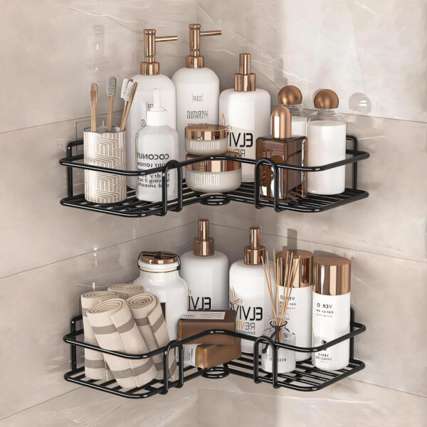 MIORAH Bathroom Organiser Without Drill for Wall | Self Adhesive Bathroom Accessories Set | Bathroom Shelf with Hooks | Strong Quality Metal Bathroom Rack (Black-Pack of 2) - Image 8