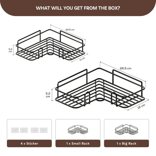 MIORAH Bathroom Organiser Without Drill for Wall | Self Adhesive Bathroom Accessories Set | Bathroom Shelf with Hooks | Strong Quality Metal Bathroom Rack (Black-Pack of 2) - Image 9