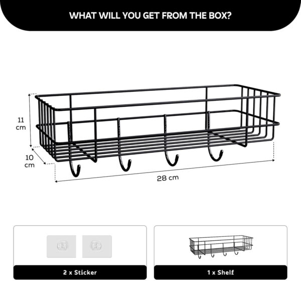 MIORAH Bathroom Accessories with Hooks | Self Adhesive Bathroom Shelf for Wall | Washroom Organiser Made of Strong Quality Metal (Black-Pack of 1) - Image 2