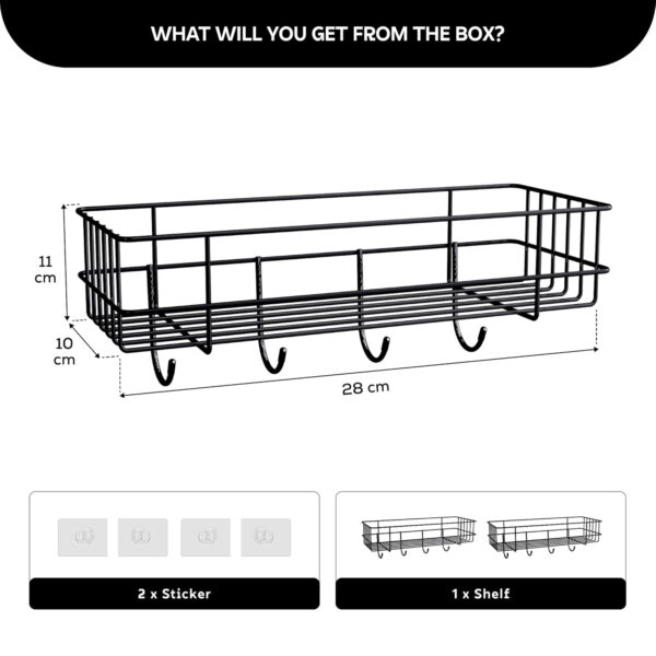 MIORAH Bathroom Accessories with Hooks | Self Adhesive Bathroom Shelf for Wall | Washroom Organiser Made of Strong Quality Metal (Black-Pack of 1) - Image 9