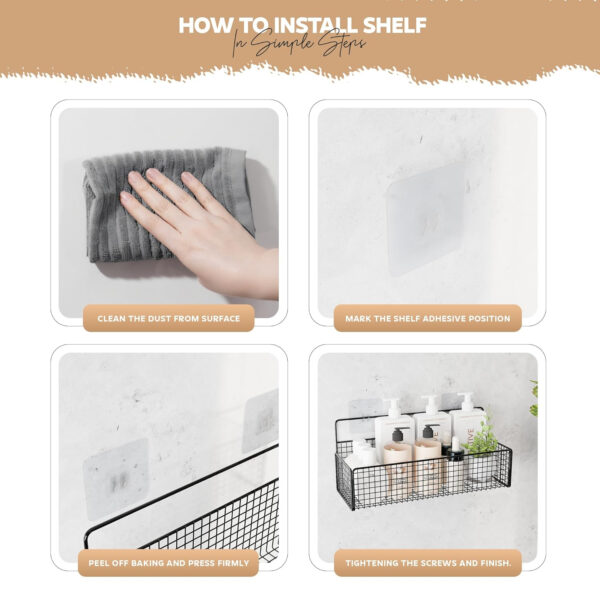 MIORAH Bathroom Accessories with Hooks | Self Adhesive Bathroom Shelf for Wall | Washroom Organiser Made of Strong Quality Metal (Black-Pack of 1) - Image 19