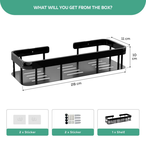 MIORAH Bathroom Organiser Without Drill for Wall | Self Adhesive Bathroom Accessories Set | Bathroom Shelf with Hooks | Strong Quality Metal Bathroom Rack (Black-Pack of 2) - Image 28
