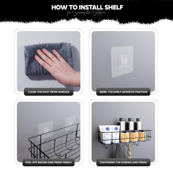 MIORAH Adhesive Bathroom Shelves | Bathroom Accessories Set | No Drill Black Carbon Steel Rack | Pack of 1 - Image 19