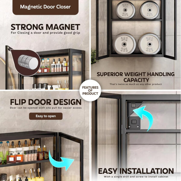 MIORAH 40 cm Wall-Mounted 2-Layer Bathroom Storage Cabinet – Space Saving Organizer Shelf for Essentials, Black (No Mirror) - Image 4
