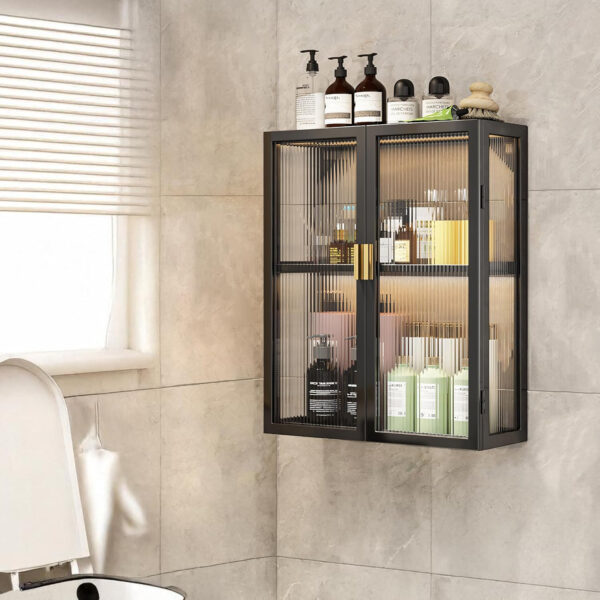 MIORAH 40 cm Wall-Mounted 2-Layer Bathroom Storage Cabinet – Space Saving Organizer Shelf for Essentials, Black (No Mirror) - Image 35