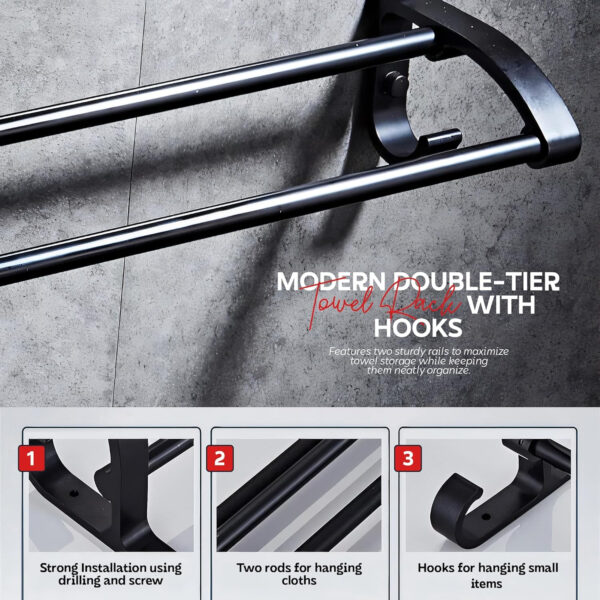 Bathroom Accessories Set - 24 Inch MIORAH Towel Rod Towel Rack Clothes Hanger and Towel Holder - Rust-Resistant Bathroom Fittings for Home Black Pack of 1 - Image 3
