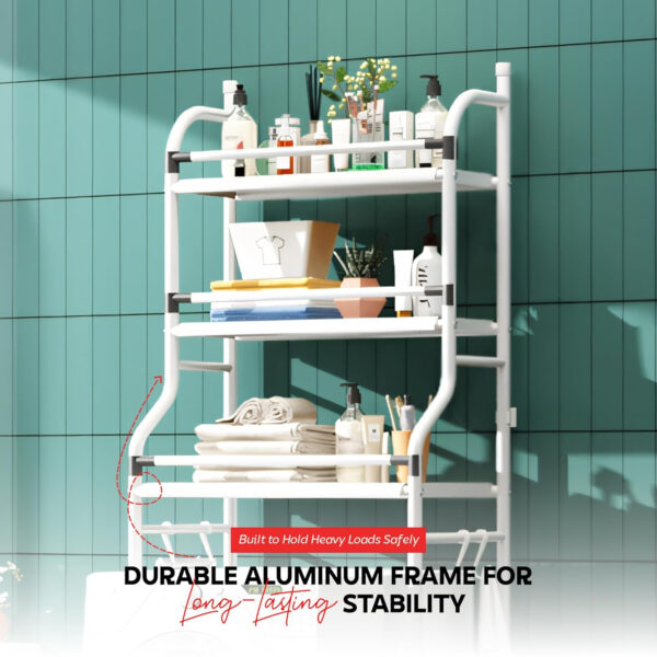 MIORAH Washing Machine Stand Rack Storage Shelf Aluminum White 3 Tier Space Saving Over Washer Organizer for Laundry Room Bathroom Adjustable Utility Shelf for Detergent Towels Baskets Pack of 1 - Image 11