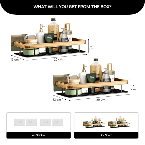 MIORAH Bathroom Accessories Set | Black Gold Bathroom Shelves with Adhesive | Rustproof, No Drill Shelf | Pack of 1 - Image 28
