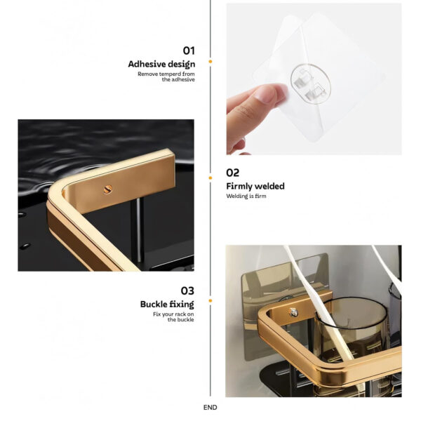 MIORAH Bathroom Accessories Set | Black Gold Bathroom Shelves with Adhesive | Rustproof, No Drill Shelf | Pack of 2 - Image 6