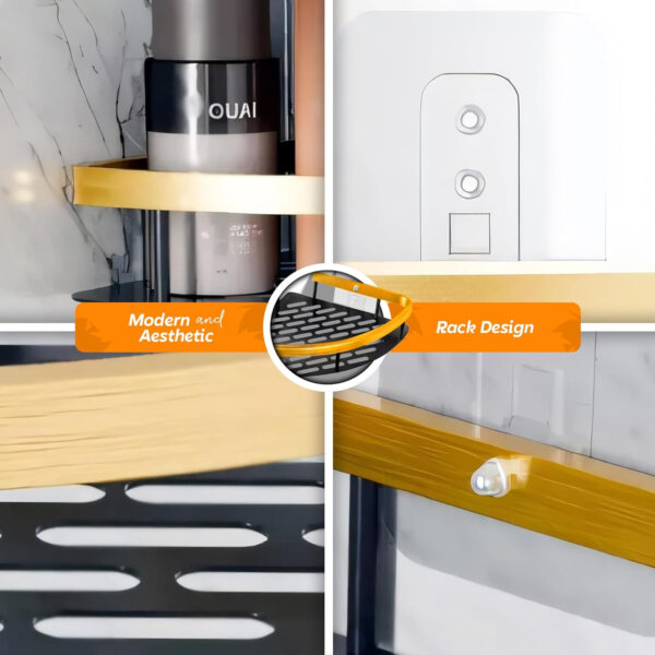 MIORAH Bathroom Accessories Set | Rustproof Bathroom Shelves | No Drilling Shelf | Gold Black Aluminium | Pack of 2 - Image 4