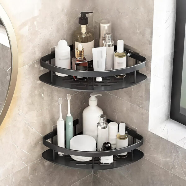 MIORAH Bathroom Accessories Set | Rustproof Bathroom Shelves | No Drilling Shelf | Gold Black Aluminium | Pack of 2 - Image 7