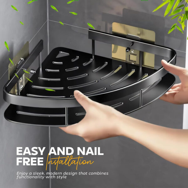 MIORAH Bathroom Accessories Set | Rustproof Bathroom Shelves | No Drilling Shelf | Gold Black Aluminium | Pack of 2 - Image 9