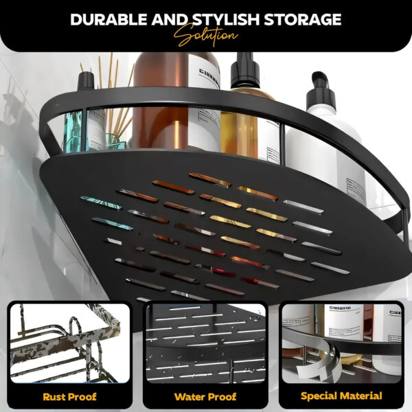MIORAH Bathroom Accessories Set | Rustproof Bathroom Shelves | No Drilling Shelf | Gold Black Aluminium | Pack of 2 - Image 17
