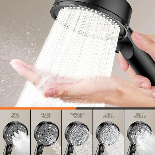ABS 9-Inch High Pressure Handheld Shower Head by MIORAH | 5 Mode Multi-Function Spray, Black Round Design for Modern Bathroom Pack of 1 - Image 5