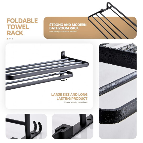 MIORAH 24INCH Foldable Aluminum Towel Rack for Bathroom – Wall Mounted Double-Tier Towel Holder with Rod & Hooks | Rustproof - Image 3