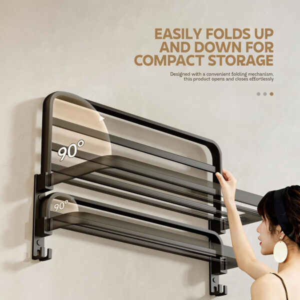 MIORAH 24INCH Foldable Aluminum Towel Rack for Bathroom – Wall Mounted Double-Tier Towel Holder with Rod & Hooks | Rustproof - Image 6