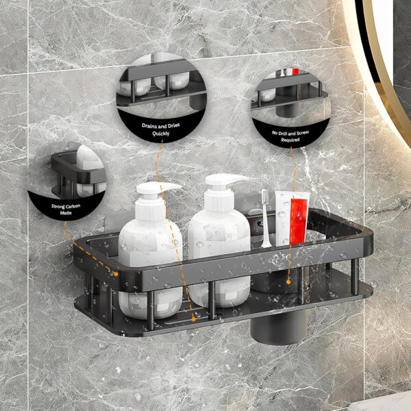 MIORAH Self Adhesive Bathroom Organizer with Tooth Brushholder – No Drill Wall Mounted Bathroom Shelves & Rack for Modern Space Saving Storage - Image 3