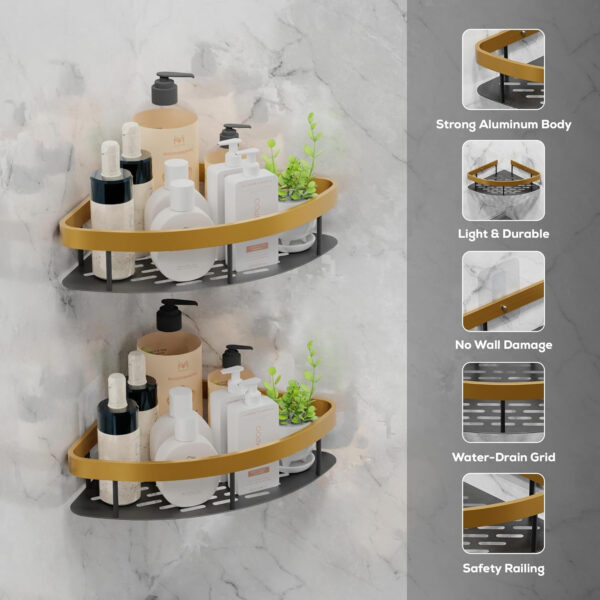 MIORAH 2 Pack Self Adhesive Bathroom Corner Shelf – No Drill Wall Mounted Storage Rack for Toiletries & Shower Organization - Image 4