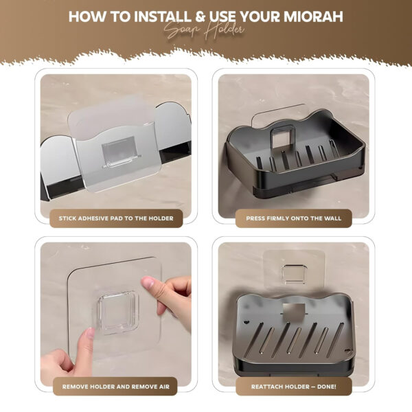 MIORAH Self Adhseive Bathroom Soap Holder with Drainage Tray Wall Mounted Soap Sponge Holder Organizer Accessories Black Pack of 1 - Image 8